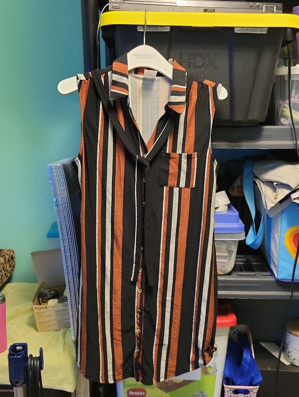 NOBO Black and Rust Striped Sleeveless Button-Up Dress